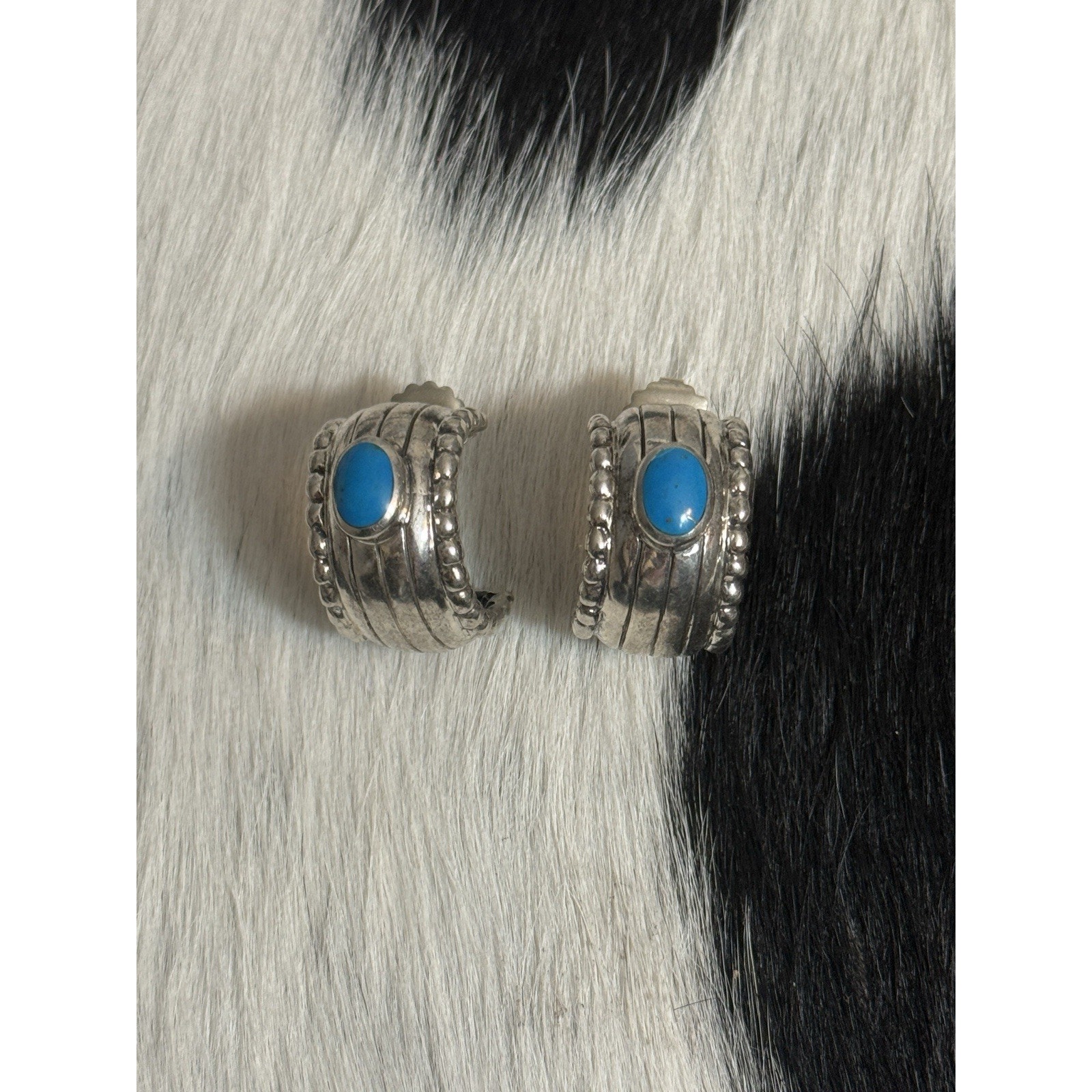 Southwest Sterling Silver Blue Turquoise Half Hoop Wide Post Earrings